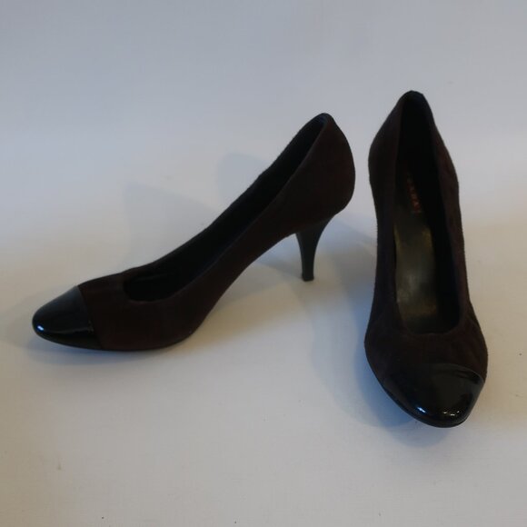 Womens Prada Brown Black Suede Patent Leather Capped Toe Heels Pumps 38.5 US/8.5 - Picture 2 of 16